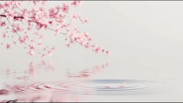 Cherry Blossom Branch Reflection in Calm Water with Pink Ripple and Pastel Atmosphere