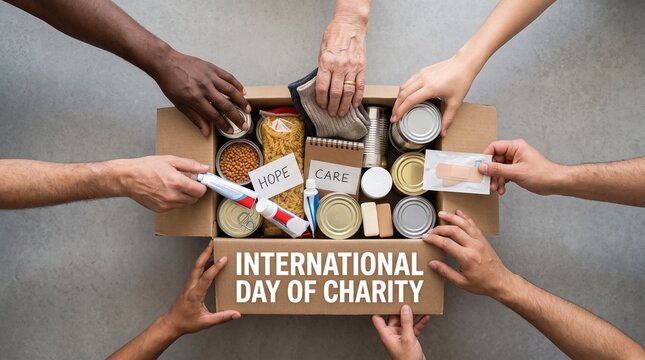 International Day of Charity donation box, diverse hands packing food and supplies, humanitarian aid and community support concept