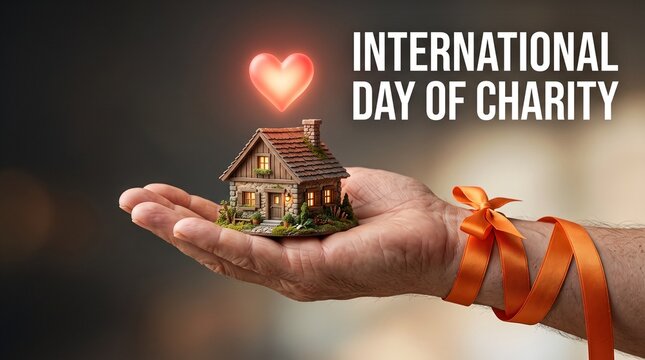 International Day of Charity banner, hand holding miniature house with glowing heart, orange ribbon for humanitarian aid awareness