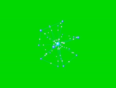 Network graph animation featuring blue nodes and white dots expanding outward against a vivid green backdrop.