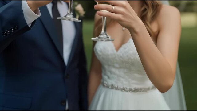 Wedding Toast with Champagne Glass Celebration as Bride and Couple Raise Flutes Outdoors