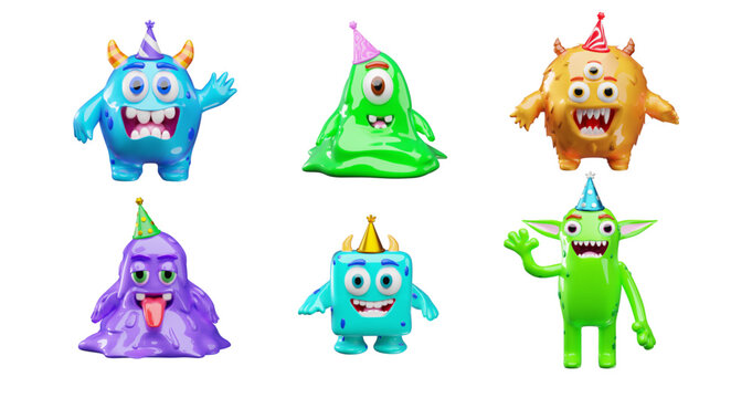 Cute 3D monster character set with party hats
