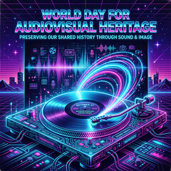 Fototapeta premium Audiovisual Heritage Day: Retro Turntable with Neon Sound Waves & Cityscape