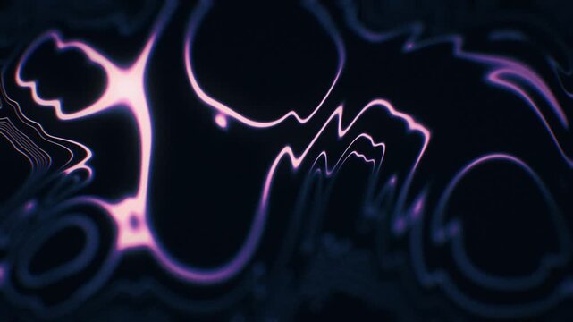 Neon glow abstract fluid lines in a glossy, soft focus 3d style. Seamless loop motion background with dark purple gradients and luminous contours.