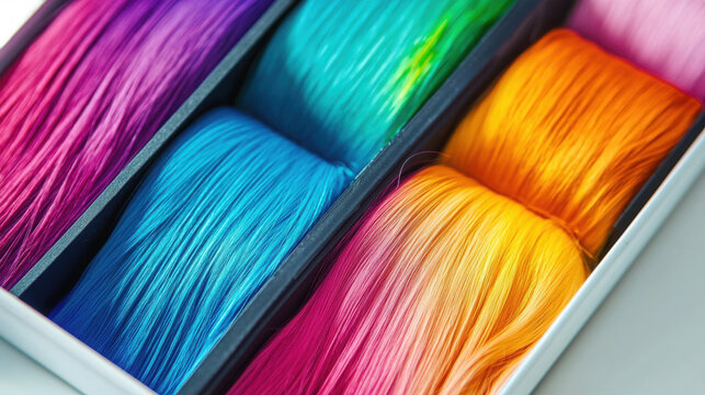 Colorful bundles of synthetic hair extensions arranged in a storage