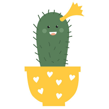 Smiling cactus wearing a yellow crown in a heart-decorated pot. Flat cartoon illustration suitable for children&rsquo;s designs, stickers, nursery decor and plant-themed projects.