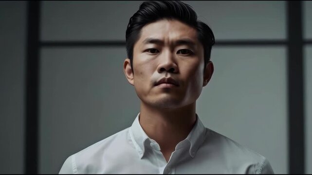 Asian Man Serious Expression White Shirt Portrait Facing Camera Indoors with Window Background