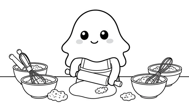 Cute little ghost wearing an apron rolling dough with kitchen utensils for Halloween baking, created with generative AI.
