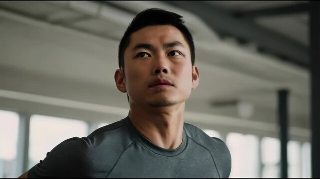 Athletic Asian Man Focused on Indoor Exercise in Modern Interior Wearing Dark Gray Shirt