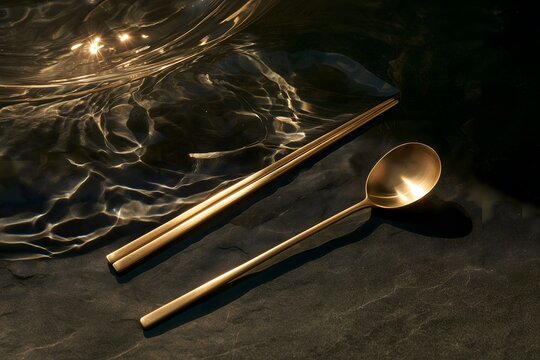 Minimalist traditional Korean brass Yugi spoon and chopsticks submerged in water