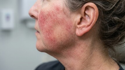 Fototapeta premium Close up profile view of a woman suffering from a severe facial skin problem and redness