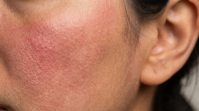 Close up of a woman showing a persistent facial skin problem with redness and inflammation
