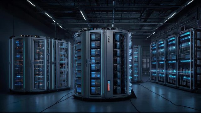 Data Center Server Rack with Blue Lighting in Futuristic Technology Facility
