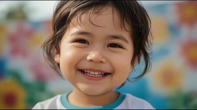 Smiling Asian Child Portrait with Joyful Expression, Happiness, Colorful Indoor Background