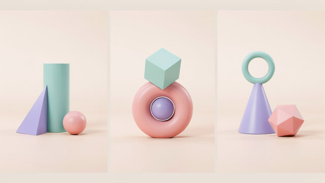 Three compositions of pastel geometric shapes including spheres, cubes, cones, and torus rings