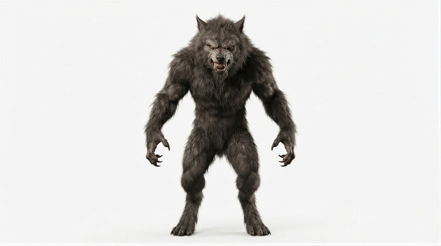 Ferocious werewolf standing on white background. Scary monster with fur and sharp claw for Halloween celebration. Dangerous creature of legend and myth in terrifying pose for holiday.