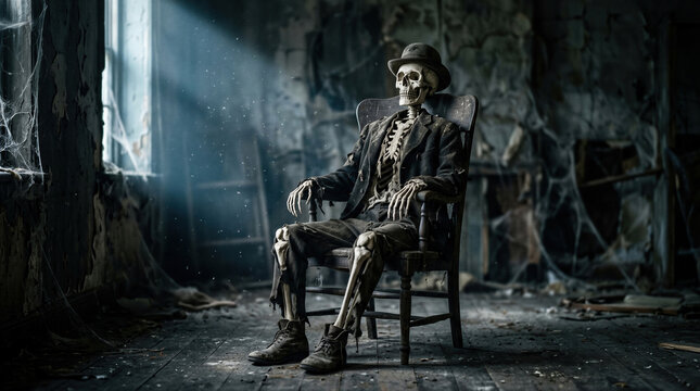 Skeleton wearing hat and suit sitting in wooden chair inside abandoned dusty room. Creepy human bones in dark house for Halloween celebration. Scary gothic interior with cobweb.