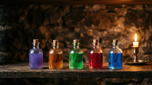 Five glass bottles with colorful liquid potions standing on rustic wooden shelf. Magic elixir for Halloween celebration. Mystical alchemy concept with lit candle in dark stone room.