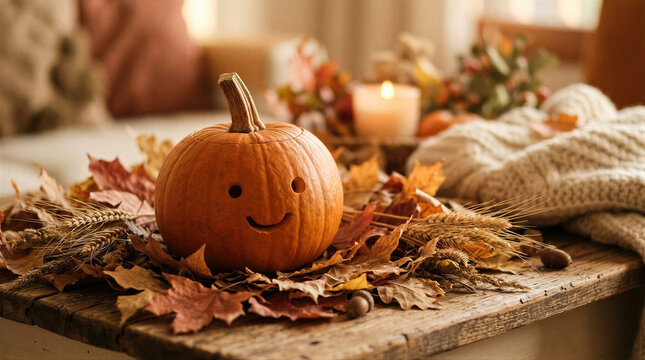 Carved smiling pumpkin on wooden table with autumn leaves. Cozy interior home decoration for Halloween. Fall festive atmosphere with burning candle and wheat stalks for seasonal holiday.