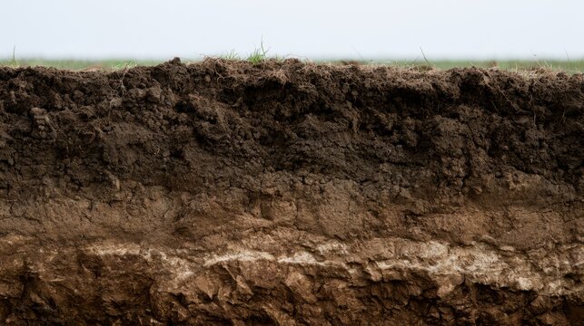 Soil layers showing different textures and colors in a field during a cloudy day