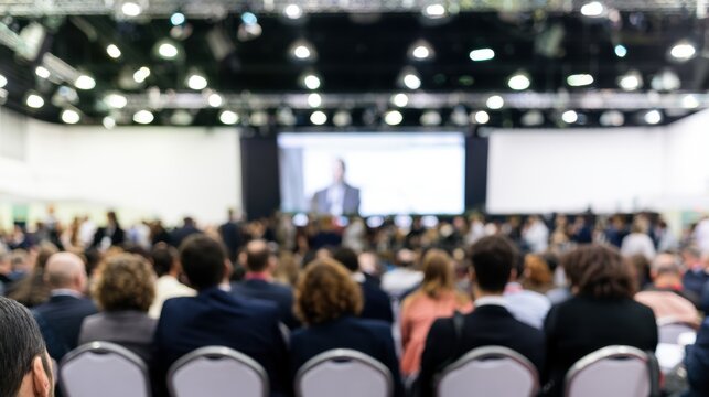 People seated at an event watching a speaker on a large screen in a convention center