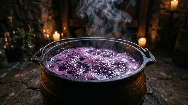 Bubbling purple potion in an iron cauldron for Halloween. Smoking magic brew in a dark witch lair. Mystical ritual preparation with candles in a creepy dungeon setting for holiday.