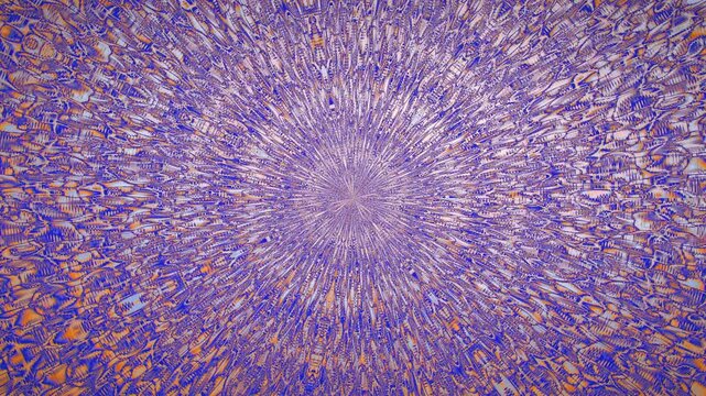 Seamless loop animation: a blue and purple woven lattice twists with kaleidoscopic symmetry, echoing a cymatics plate in dark cinematic grain.