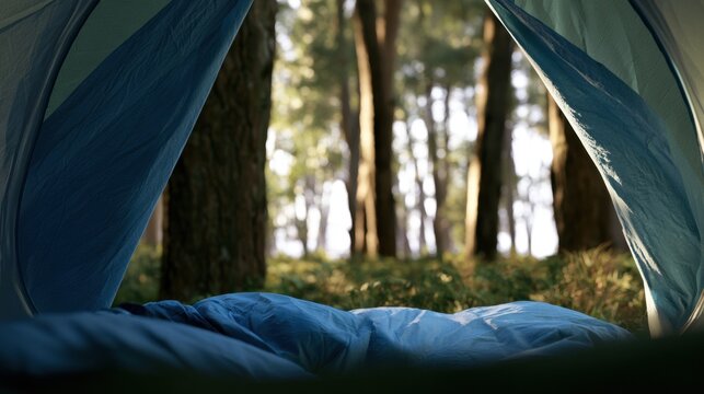 Camping scene with a view of trees from inside a tent during morning light
