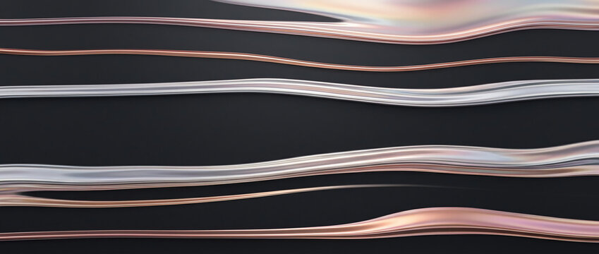 Abstract liquid metal waves flowing across a minimalist black background with rose gold and silver reflections, luxury 3D render showcasing sleek iridescent lines and elegant curves.