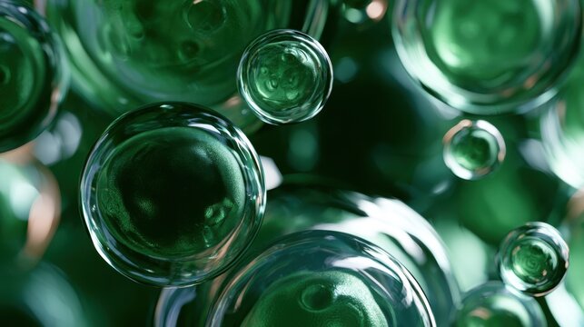 Bubbles floating in dark background create a green visual effect and suggest an underwater or microscopic focus
