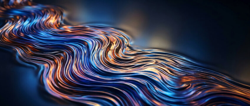 Abstract flowing metallic waves in blue and copper gold tones creating a cinematic liquid ripple effect on a dark background, elegant 3D render for luxury tech wallpaper and design.