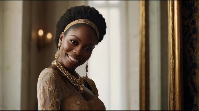 African Woman Smile Portrait in Ornate Interior, Vintage Style Adult Wearing Lace Dress and Jewelry