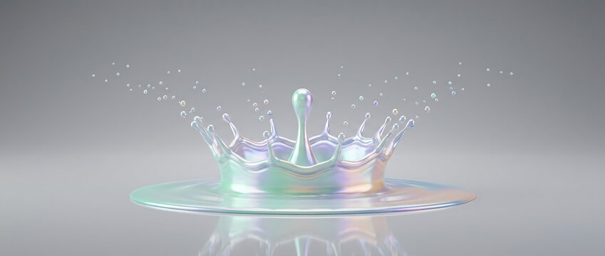 Iridescent pearlescent liquid crown splash with floating droplets on a neutral gray background, modern 3D render illustration showing elegant royal shape and fluid movement.