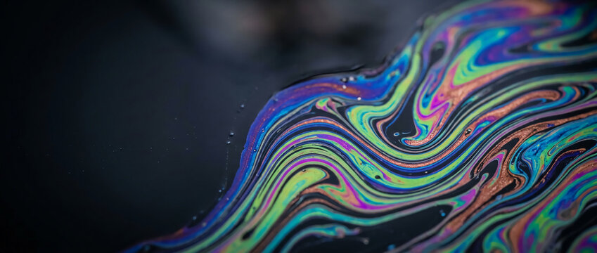 Vibrant iridescent oil slick on dark water surface with colorful rainbow swirls of liquid thin film interference creating a mesmerizing psychedelic macro background pattern