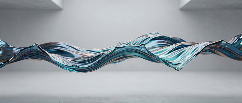 Abstract liquid metallic wave floating in minimalist white studio with teal and silver reflections, sleek modern conceptual 3D render for luxury branding and futuristic background.