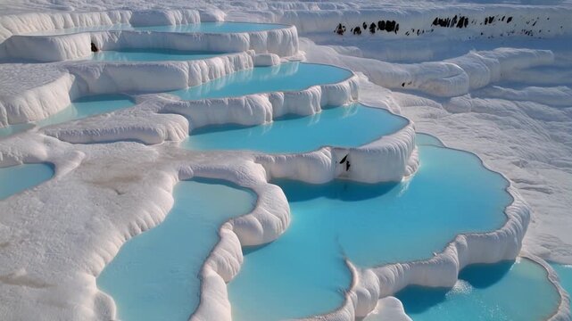 Aerial drone view of Pamukkale's bright blue thermal pools and white travertine terraces under daylight