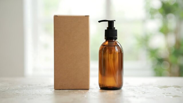 Amber colored soap dispenser bottle next to cardboard packaging box