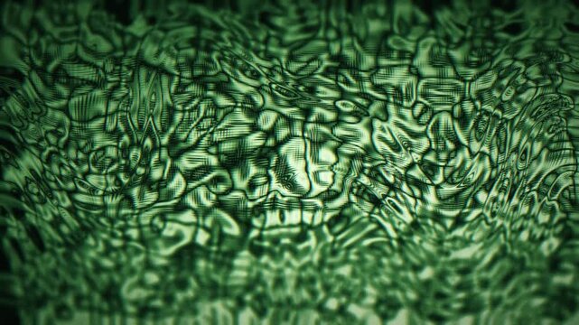 Seamless 3D loop animation in a glitchy, distorted aesthetic with wavy ripple patterns and moody green tones. Ideal as an abstract backdrop with noisy texture.