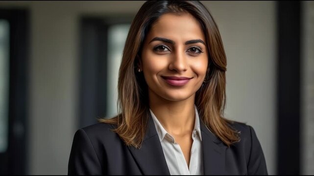 Professional Businesswoman Portrait with Confident Smile in Dark Suit at Modern Office Indoord