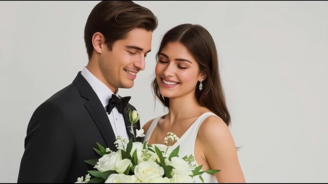 Wedding Couple Portrait with Joyful Smile, Elegant Bouquet, Neutral Studio Setting, Man posing