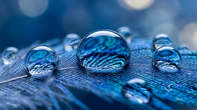 Macro shot of crystalline water droplets on a blue peacock feather with soft bokeh background