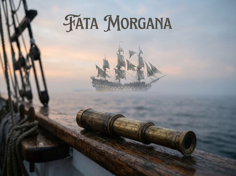 Phantom Ghost Ship Mirage Fata Morgana On Calm Ocean Horizon