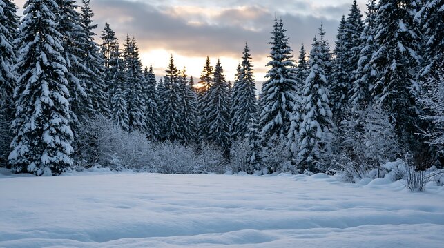 Snowy pine forest Pinus sylvestris winter landscape sunset dusk nature