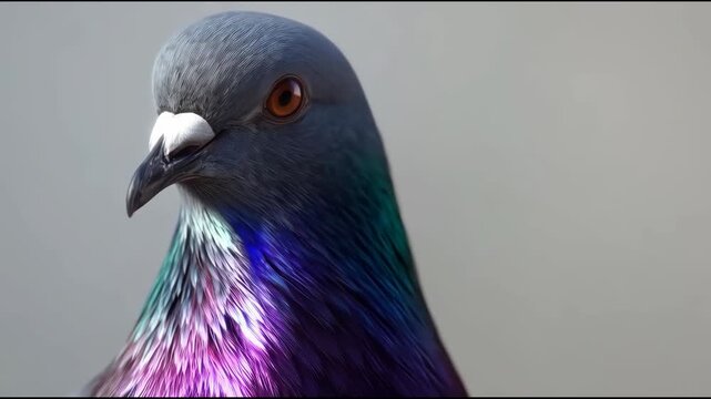 Pigeon Iridescent Plumage Portrait, Alert Orange Eye, Bird Closeup Feather Detail, Close Portrait