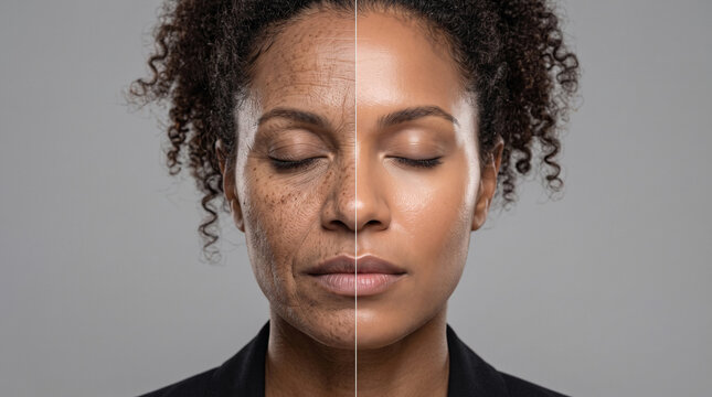 Split face portrait of a Pacific Islander woman with closed eyes showing before and after skincare effects. Left side shows wrinkles and pigmentation, right side reveals smooth, youthful skin.
