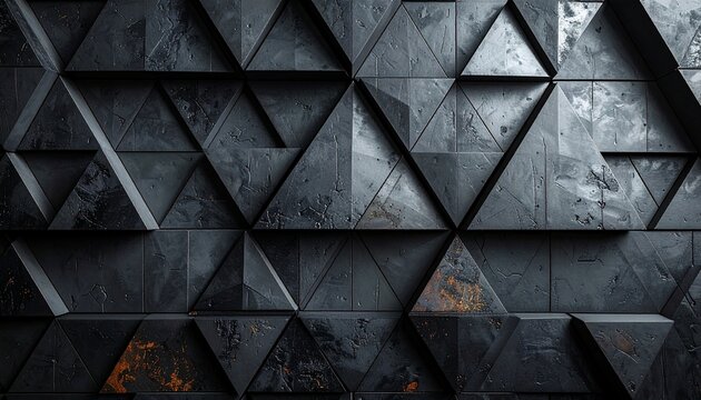 A detailed dark gray geometric triangle pattern wall texture with a weathered metallic finish and dramatic shadows for modern architecture background.