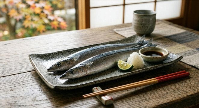 Fresh raw Pacific saury (Sanma) on a ceramic plate with grated daikon and sudachi citrus, Japanese autumn food conceptual image with autumn leaves background.
