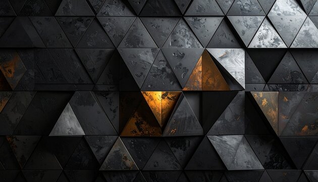 Abstract dark geometric background featuring a pattern of 3D triangular shapes with black matte and metallic bronze and gold textured finishes.