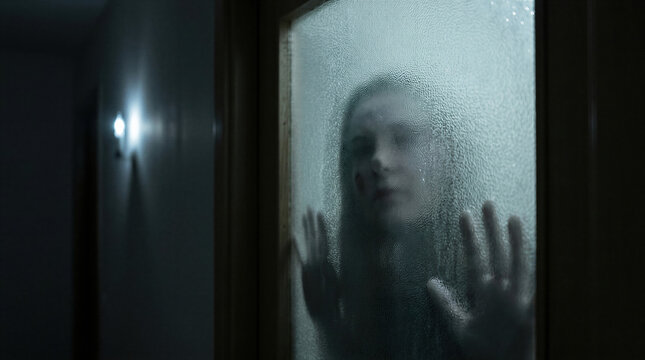 Woman silhouette behind frosted glass door in dark hallway. Creepy ghost girl haunting house. Scary mysterious figure for horror movie poster or thriller theme. Halloween celebration.