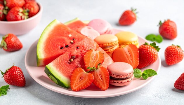 A beautiful plate of fresh sliced watermelon and strawberries with colorful french macarons for a summer dessert snack on a soft light background.